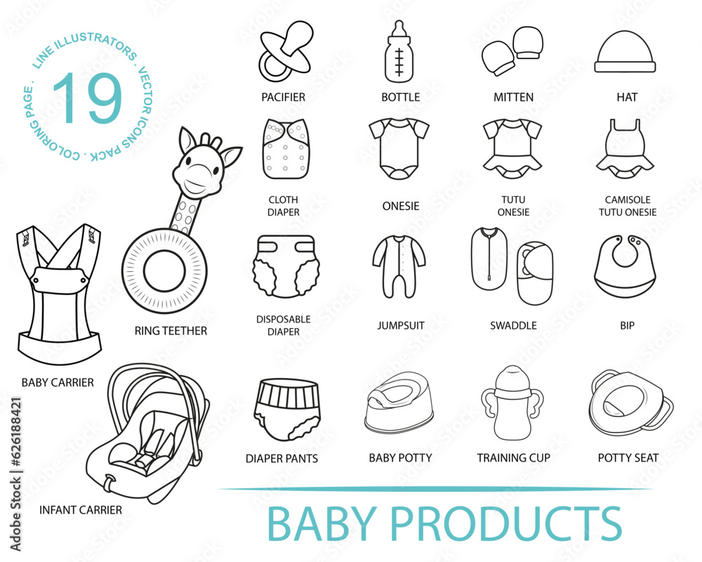 Baby Product editable stroke outline icons set. baby carrier, car seat, potty, teether, onesies, bottle, pacifier, swaddle. Vector illustration.