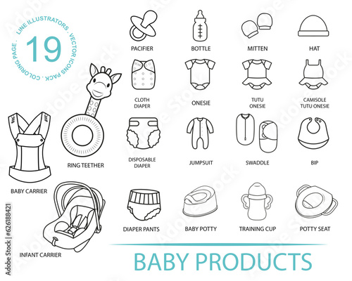 Baby Product editable stroke outline icons set. baby carrier, car seat, potty, teether, onesies, bottle, pacifier, swaddle. Vector illustration.