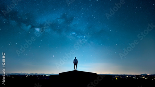 Silhouette of a man standing on top of a building and looking at the starry sky.