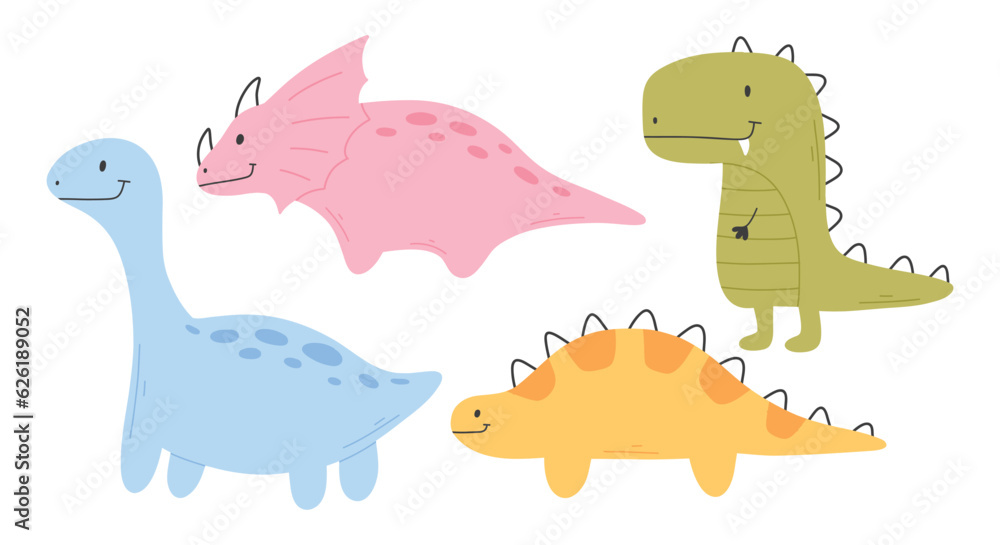 Set of cute dinosaurs in scandinavian style. Collection of baby tsio isolated on white background. Vector illustration.