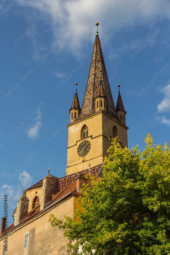 Fototapeta premium A view of the historic Lutheran Cathedral of St. Mary in the city of Sibiu. Transylvania. Romania