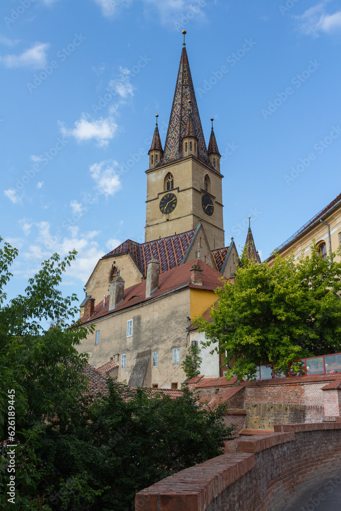 Fototapeta premium A view of the historic Lutheran Cathedral of St. Mary in the city of Sibiu. Transylvania. Romania