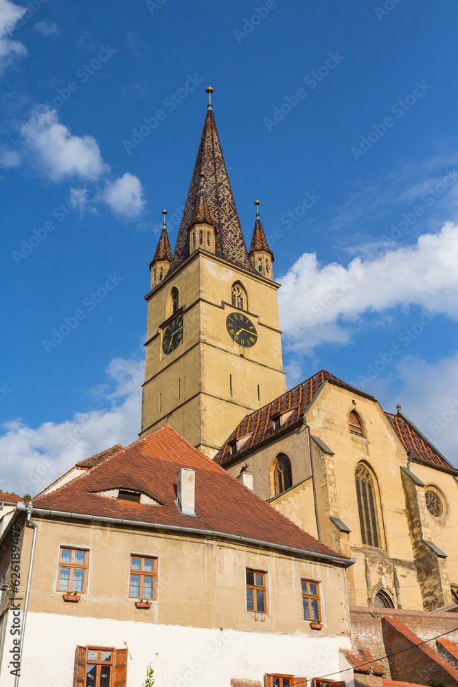 A view of the historic Lutheran Cathedral of St. Mary in the city of Sibiu. Transylvania. Romania