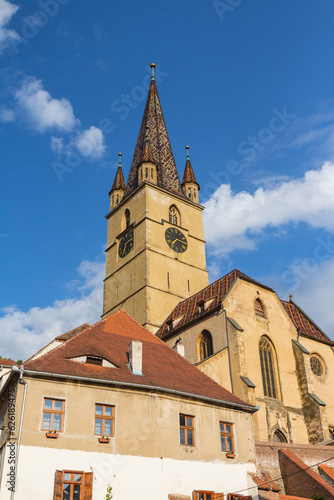A view of the historic Lutheran Cathedral of St. Mary in the city of Sibiu. Transylvania. Romania