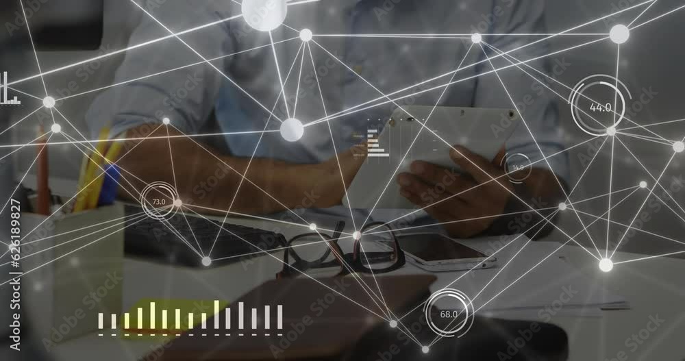 Animation of data and network of connections over caucasian businessman using tablet Animation of data and network of connections over caucasian businessman using tablet