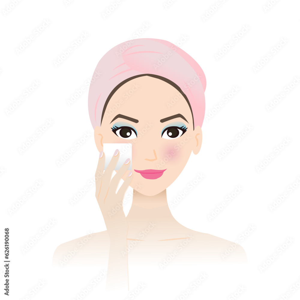 Cute woman remove makeup from face vector on white background. Step of makeup removal with remover cotton pad, removing powder, foundation, blush on from cheek. Skin care and beauty concept. Cute woman remove makeup from face vector on white background. Step of makeup removal with remover cotton pad, removing powder, foundation, blush on from cheek. Skin care and beauty concept.