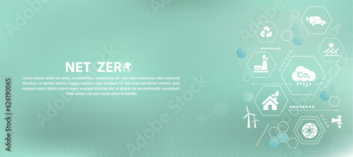 NET ZERO banner icon, carbon neutral and net zero concept. natural environment Long-term, climate-neutral strategy Greenhouse gas emissions with icons on blue background mesh.
