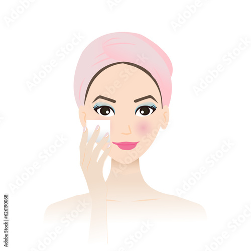 Cute woman remove makeup from face vector on white background. Step of makeup removal with remover cotton pad, removing powder, foundation, blush on from cheek. Skin care and beauty concept.