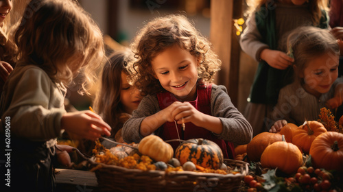Children eagerly helping with the Thanksgiving decorations  their excitement adding joy to the festivities