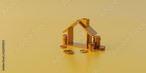 Golden real estate or home property investment on golden background with residential finance economy. 3D rendering.