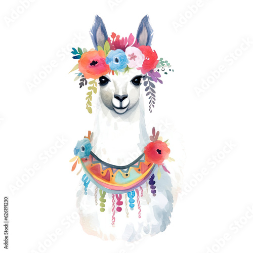 AI-Generated illustration of a floral llama - Watercolor Style