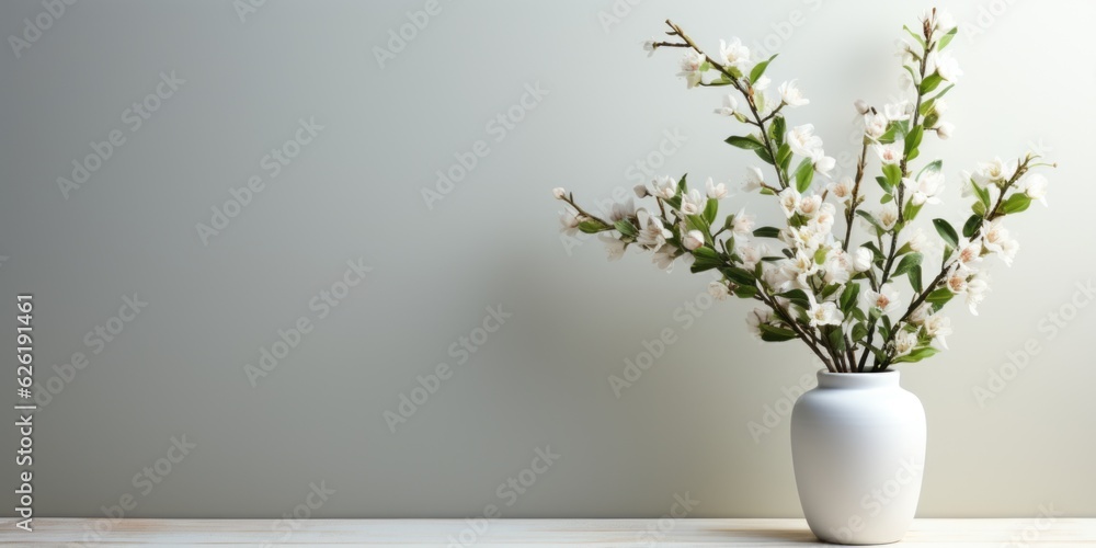A white vase filled with white flowers on a table.