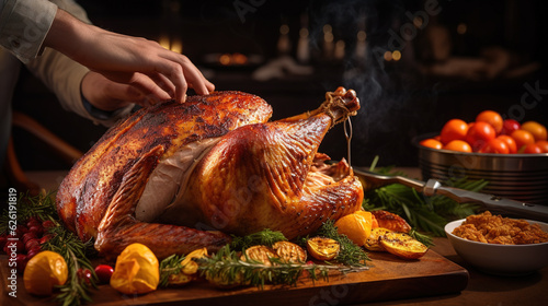 A pair of hands skillfully carving a perfectly roasted turkey, ready to be shared with loved ones,thanksgiving