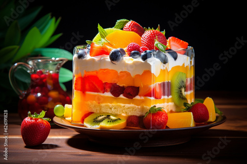 Luscious summer cake adorned with a vibrant mix of tropical fruits, exuding the essence of a delightful summer dessert concept. Ai generated