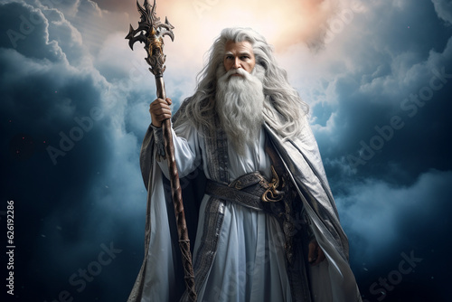 White-bearded wizard dressed in flowing white robes, casting a powerful spell with his majestic scepter, evoking a world of magic and wonder. Ai generated