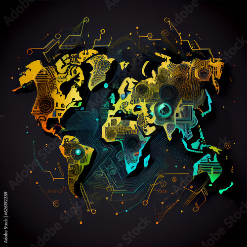 Global network and telecommunications on earth map and in the field of information technology. Futuristic technology background Generative AI