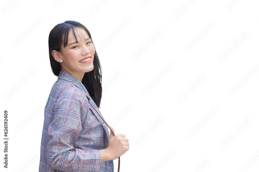 Confident young Asian woman who wears brown striped blazer and shoulder bag smiles happily and looks at the camera as she commute while working isolated on white background. Confident young Asian woman who wears brown striped blazer and shoulder bag smiles happily and looks at the camera as she commute while working isolated on white background.