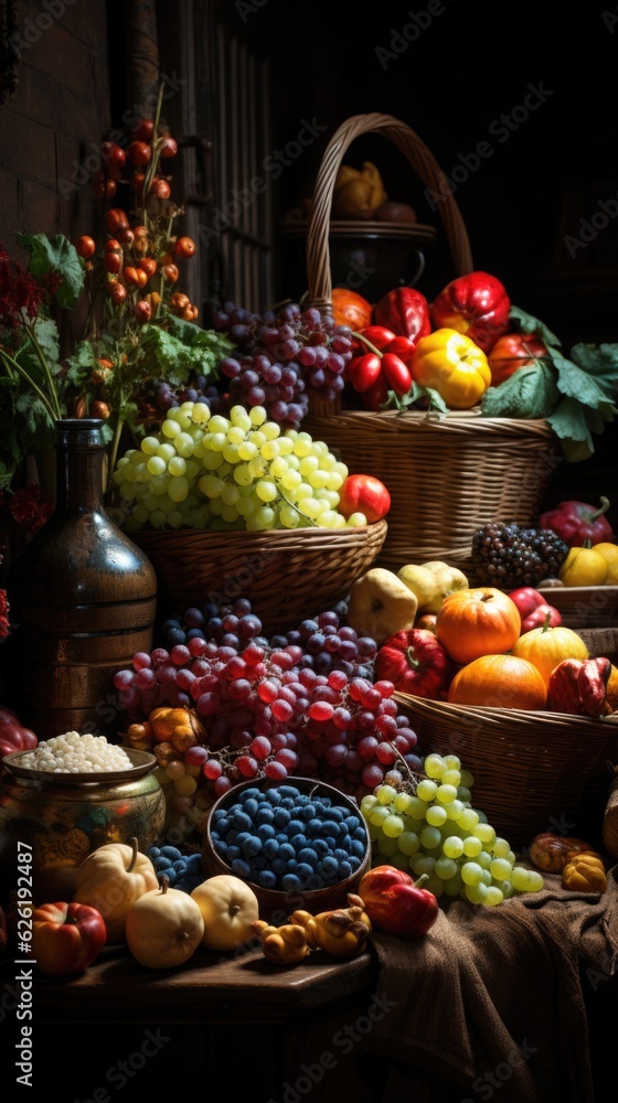 A variety of fruits and vegetables on a table. Thanksgiving feast. A variety of fruits and vegetables on a table. Thanksgiving feast.