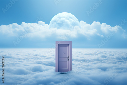 A door in the clouds in the sky and the moon. The dream concept of mental and mental health and also new opportunities. Gnerated AI. photo