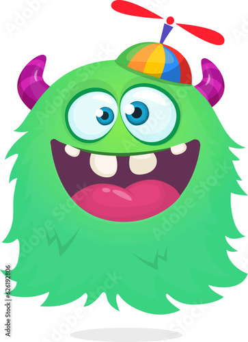 Happy cartoon flying monster with kids hat on his head. Halloween vector illustration. Great for package or party decoration