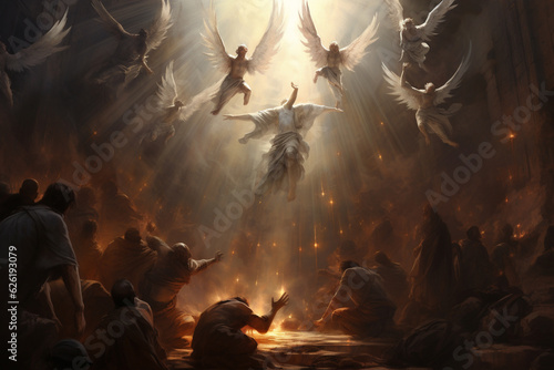 Angel surrounded by menacing dark forces and demons, showcasing the epic clash of light and darkness. Ai generated