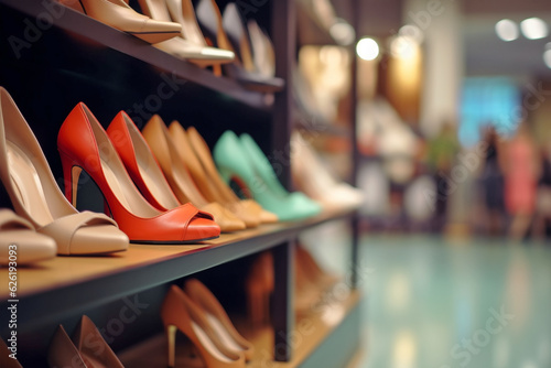 Fototapeta Shelf with high heel shoes in store