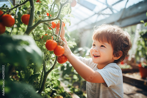 Foto Toddler boy having fun in a greenhouse
