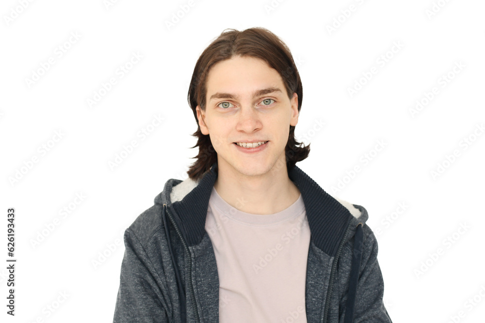Happy young guy smiling against white studio wall background Happy young guy smiling against white studio wall background
