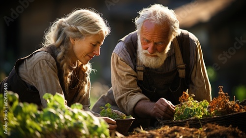 farming, gardening, agriculture and people concept - happy senior couple working in garden at summer farm. Generative AI