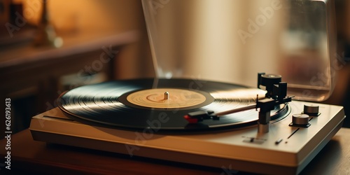 AI Generated. AI Generative. Retro vintage antique sound music audio vinyl player record box at cozy home. Graphic Art