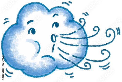 Cute Cloud Blowing Wind, cute cartoon character illustration isolated on white background. Hand drawn pastel, crayon, oil pastel and chalk paint