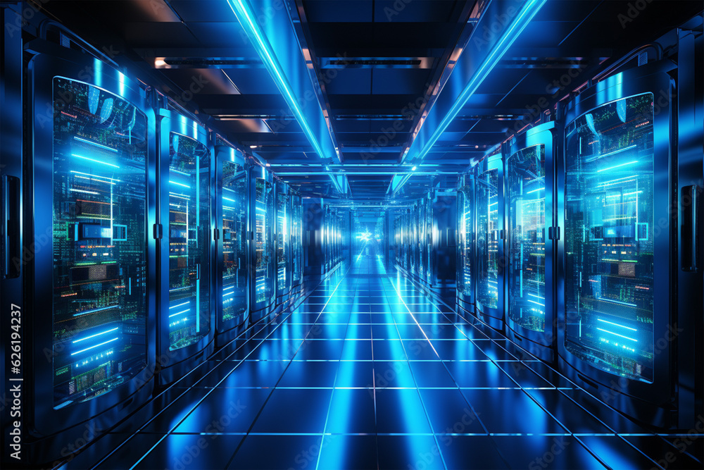 Data center network room full of computer servers. Generative AI Data center network room full of computer servers. Generative AI