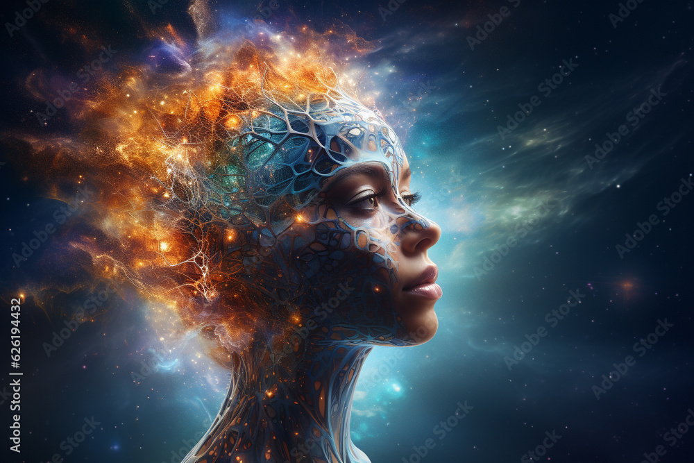 Woman enveloped by an expansive universe of thoughts, memories, and mental programs that emerge from her subconscious mind. Ai generated