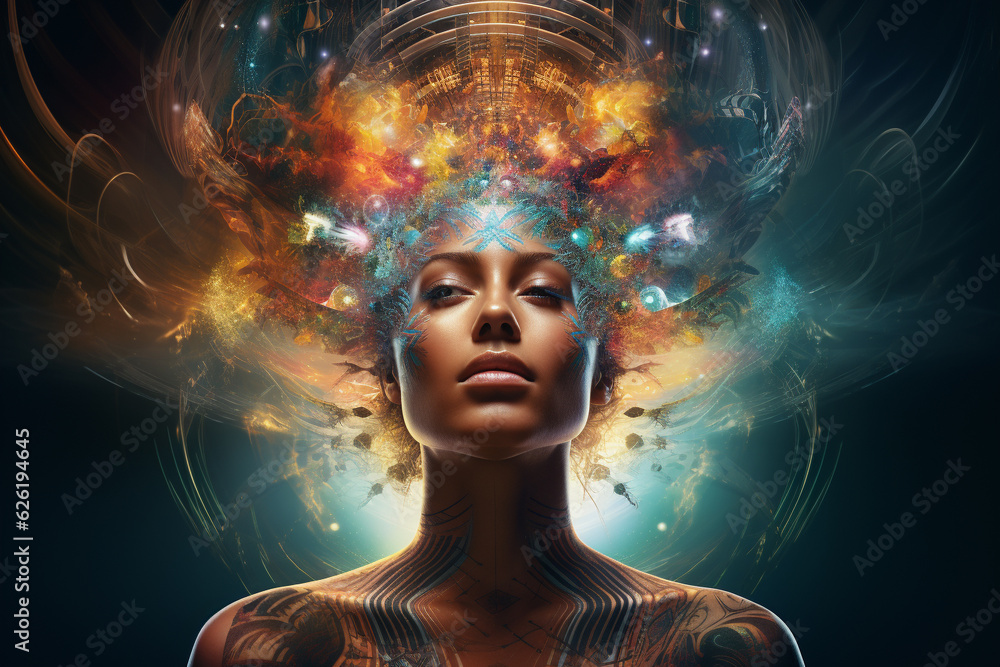 Woman enveloped by an expansive universe of thoughts, memories, and mental programs that emerge from her subconscious mind. Ai generated Woman enveloped by an expansive universe of thoughts, memories, and mental programs that emerge from her subconscious mind. Ai generated