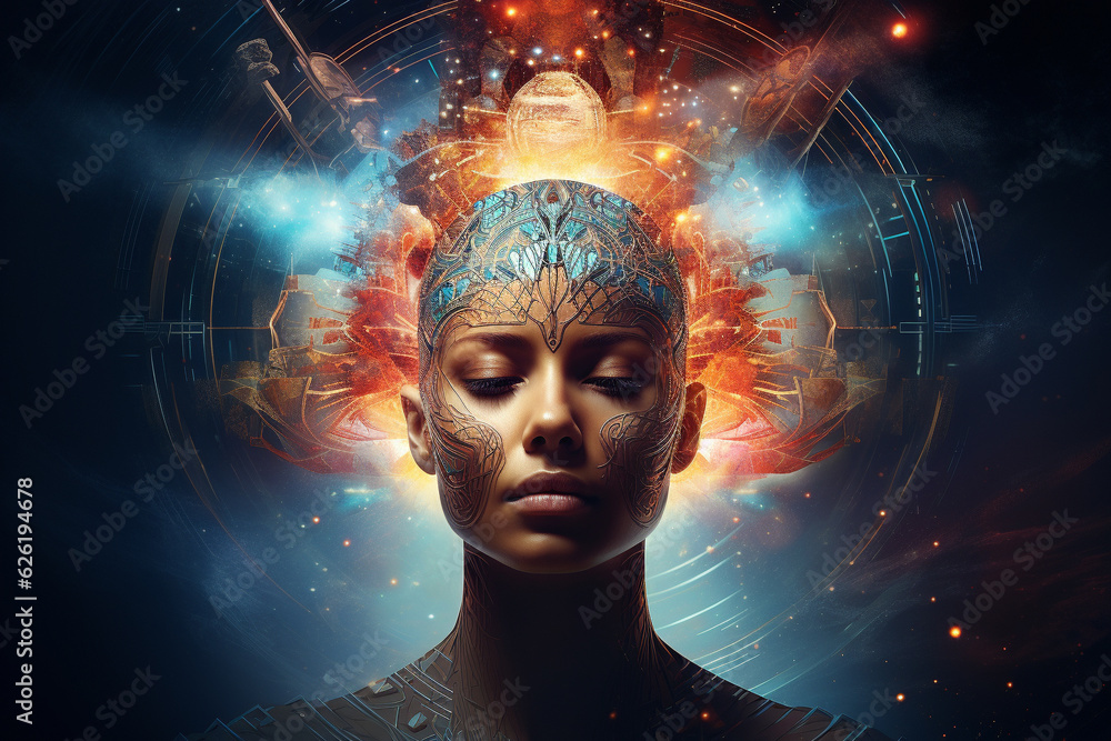Woman enveloped by an expansive universe of thoughts, memories, and