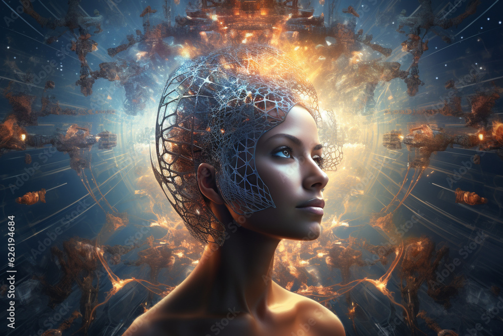 Woman enveloped by an expansive universe of thoughts, memories, and