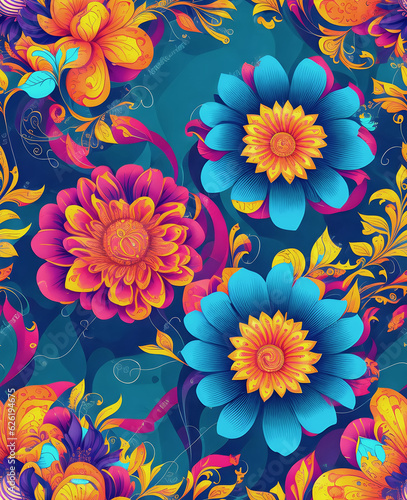 Abstract artistic colourful flowers background design, seamless pattern 