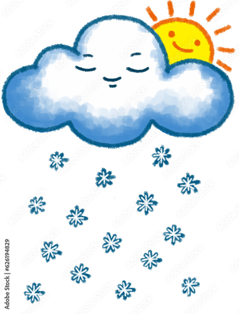 Cute Cloud with Sun and snowflake falling, cute cartoon character illustration isolated on white background. Hand drawn pastel, crayon, oil pastel and chalk paint Cute Cloud with Sun and snowflake falling, cute cartoon character illustration isolated on white background. Hand drawn pastel, crayon, oil pastel and chalk paint