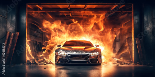 Brennendes Auto in der Garage KI photo