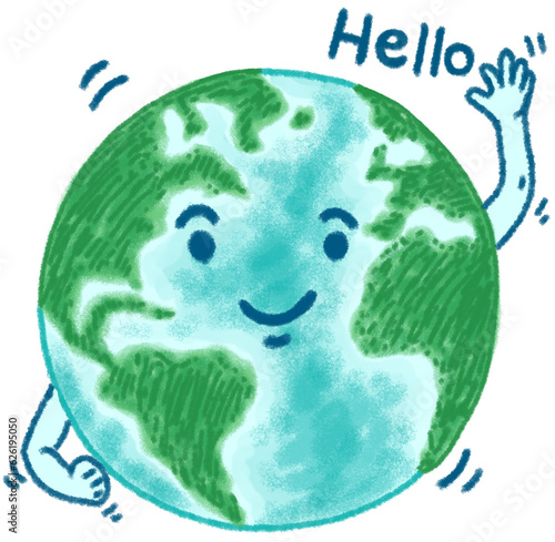 Cute planet earth say Hello, cartoon character illustration isolated on white background. Hand drawn pastel, crayon, oil pastel and chalk paint