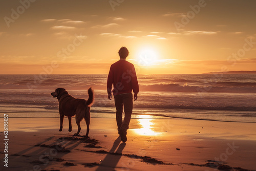 Timeless bond between a man and his loyal canine companion, as they share a serene and heartwarming sunset walk along the beautiful beach. Ai generated
