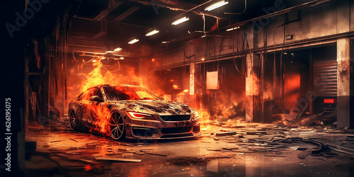 Brennendes Auto in der Garage KI photo