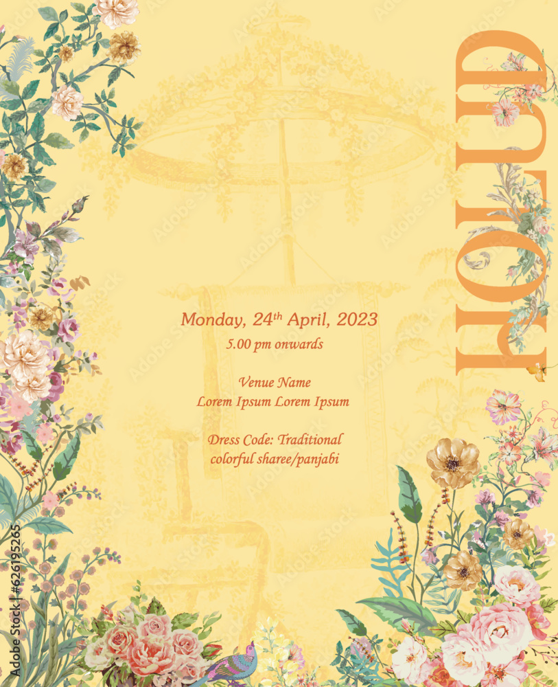 Wedding Holud Invitation Card Design with Wildflowers on a Yellow Background Vector Illustration.