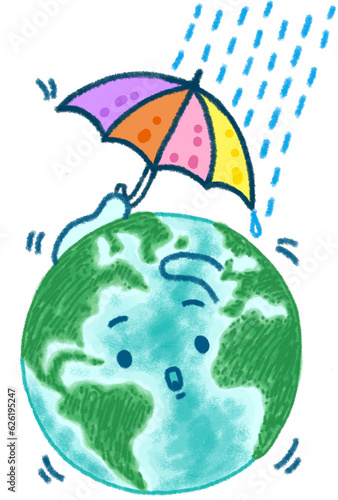 Cute planet earth holding an umbrella in the rain, World protection, Climate Change concept, cartoon character illustration isolated on white background. Hand drawn pastel, crayon, oil pastel, chalk