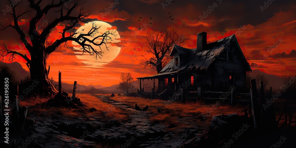 AI Generated. AI Generative. Vintage retro antique old abandoned village house. Night moon dark wooden halloween scary boo countryside building view background 