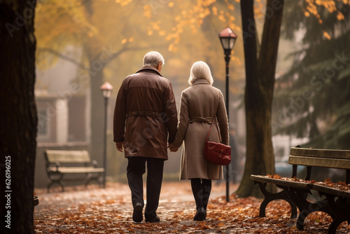 Enduring love and devotion of an old couple as they hold hands and walk together through a picturesque autumn park, celebrating a lifetime of affection and cherished memories. Ai generated