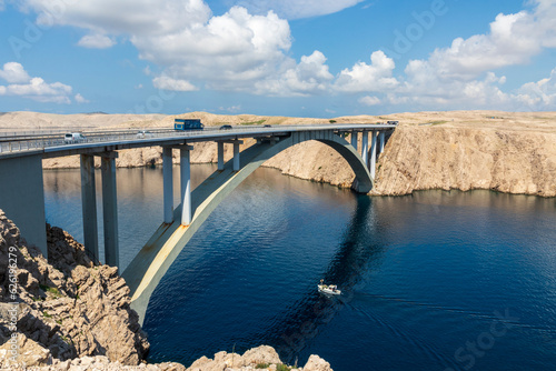 Pag, Croatia. 06-11-2023. Bridge to reach the island of Pag in Croatia. 