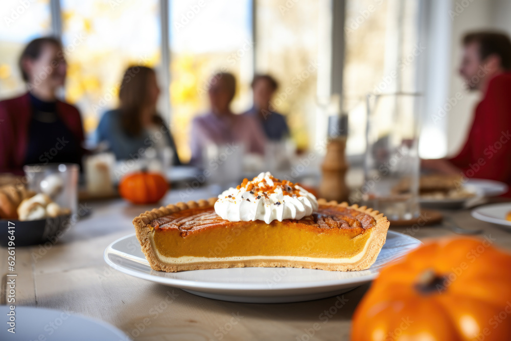 Thanksgiving family dinner. Pumpkin pie and vegan meal close up, with blurred happy people around the table celebrating the holiday.