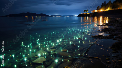 The moonlit dance of bioluminescent plankton against the dark coastal waters.