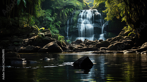 A captivating sight of a coastal waterfall cascading into a serene lagoon, surrounded by a lush green landscape.